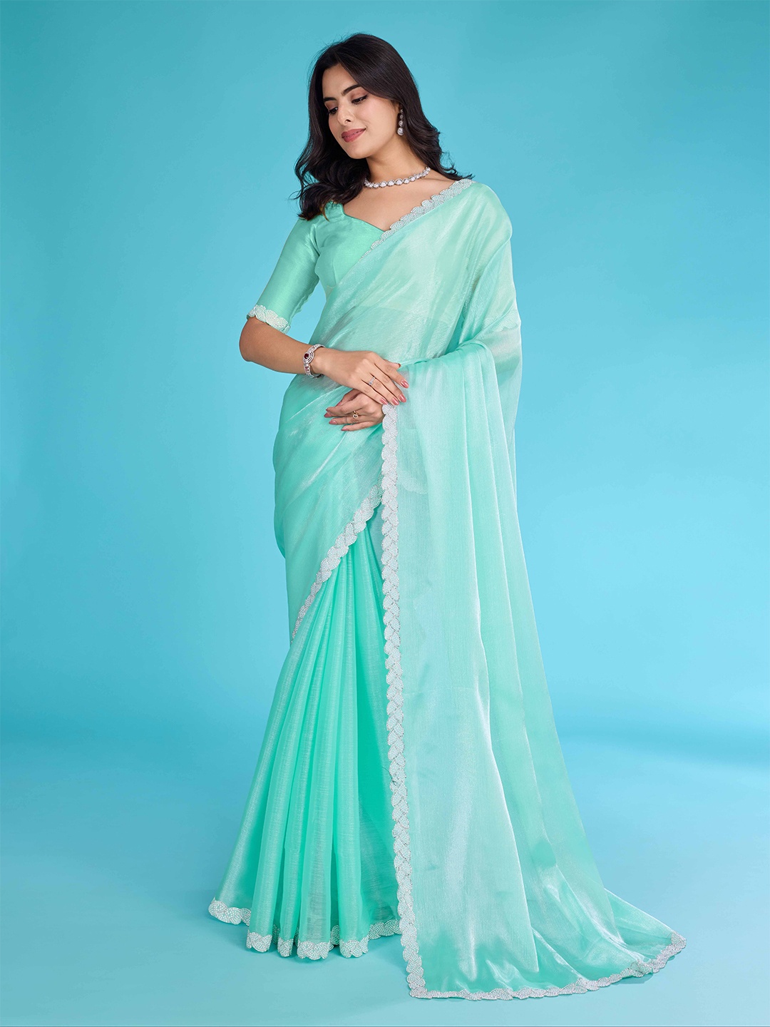 

KIMISHA Embellished Beads and Stones Organza Designer Saree, Turquoise blue