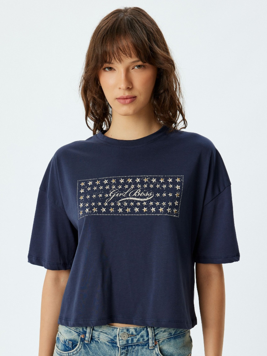 

Koton Women Graphic Printed Round Neck Cotton Boxy T-shirt, Navy blue