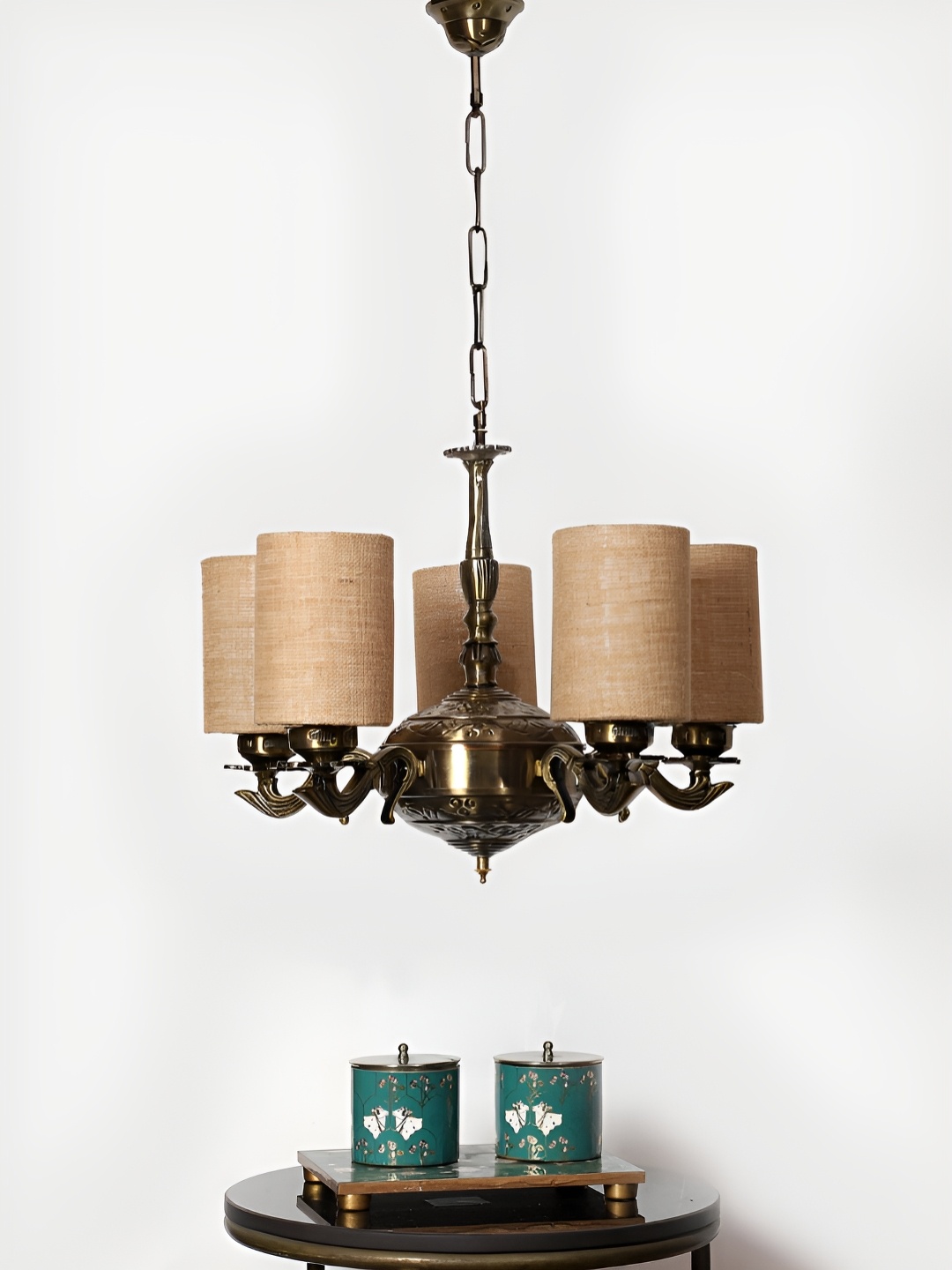 

Devansh Beige Jute Round shade with Antique Golden Chandelier Metal Ceiling Lamp