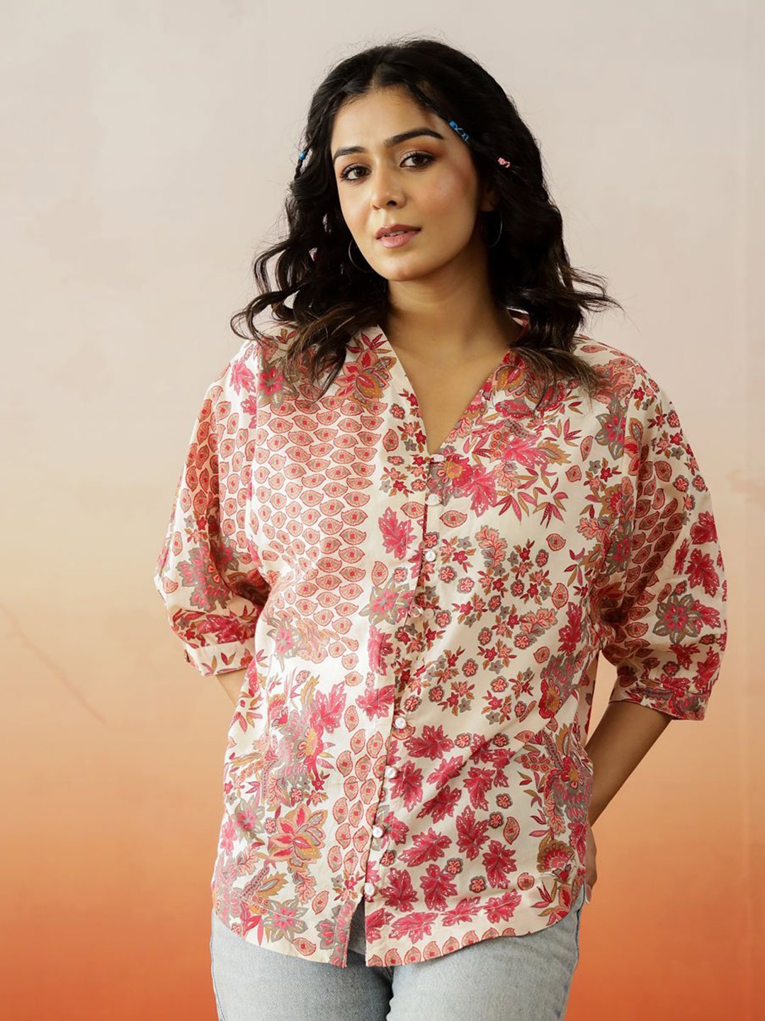 

SANSKRUTIHOMES Women Floral Printed Pure Cotton Regular Top, White