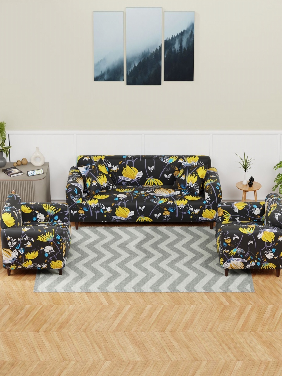 

Lukzer Yellow Lotus Design 5 Seater Sofa Cover with 2 Cushion Cover