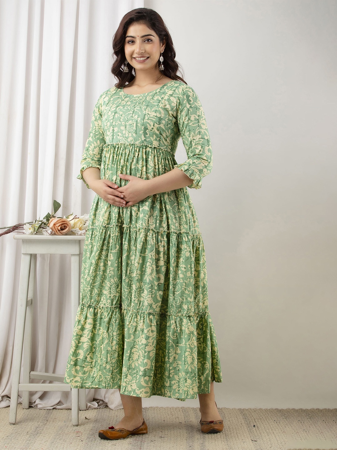 

VARICOS Floral Printed Tiered Pure Cotton A-Line Maternity Dress, Green