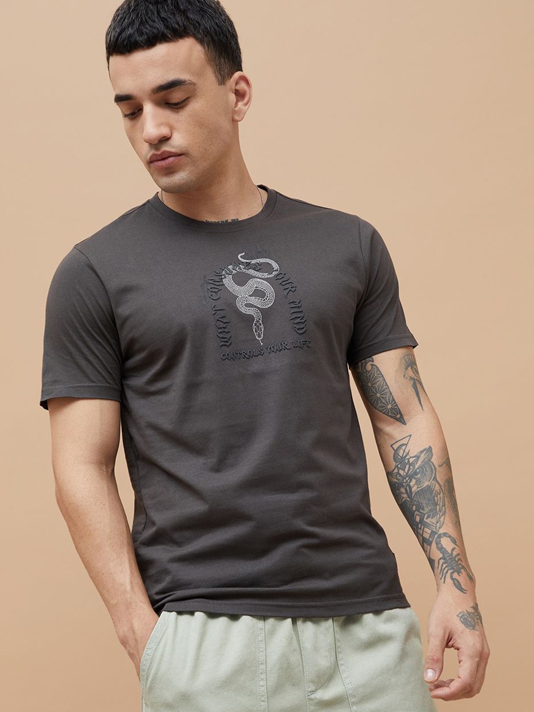 

Forca Men Graphic Printed Round Neck Cotton T-shirt, Grey