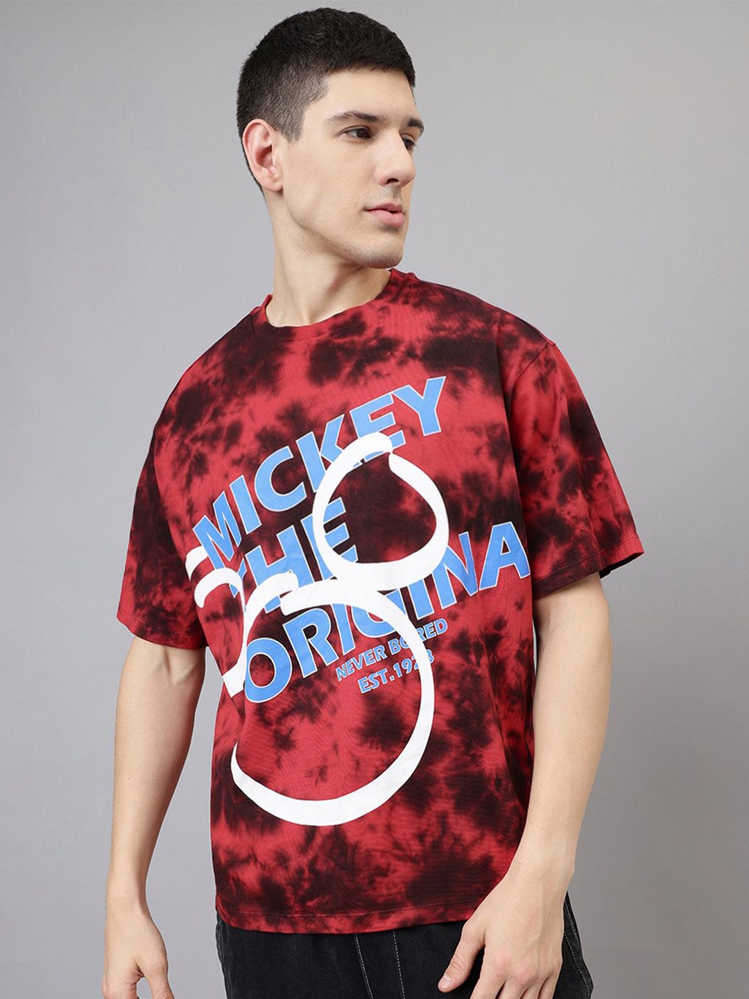 

Free Authority Men Mickey & Friends Typography Printed Round Neck Cotton Oversized T-shirt, Red