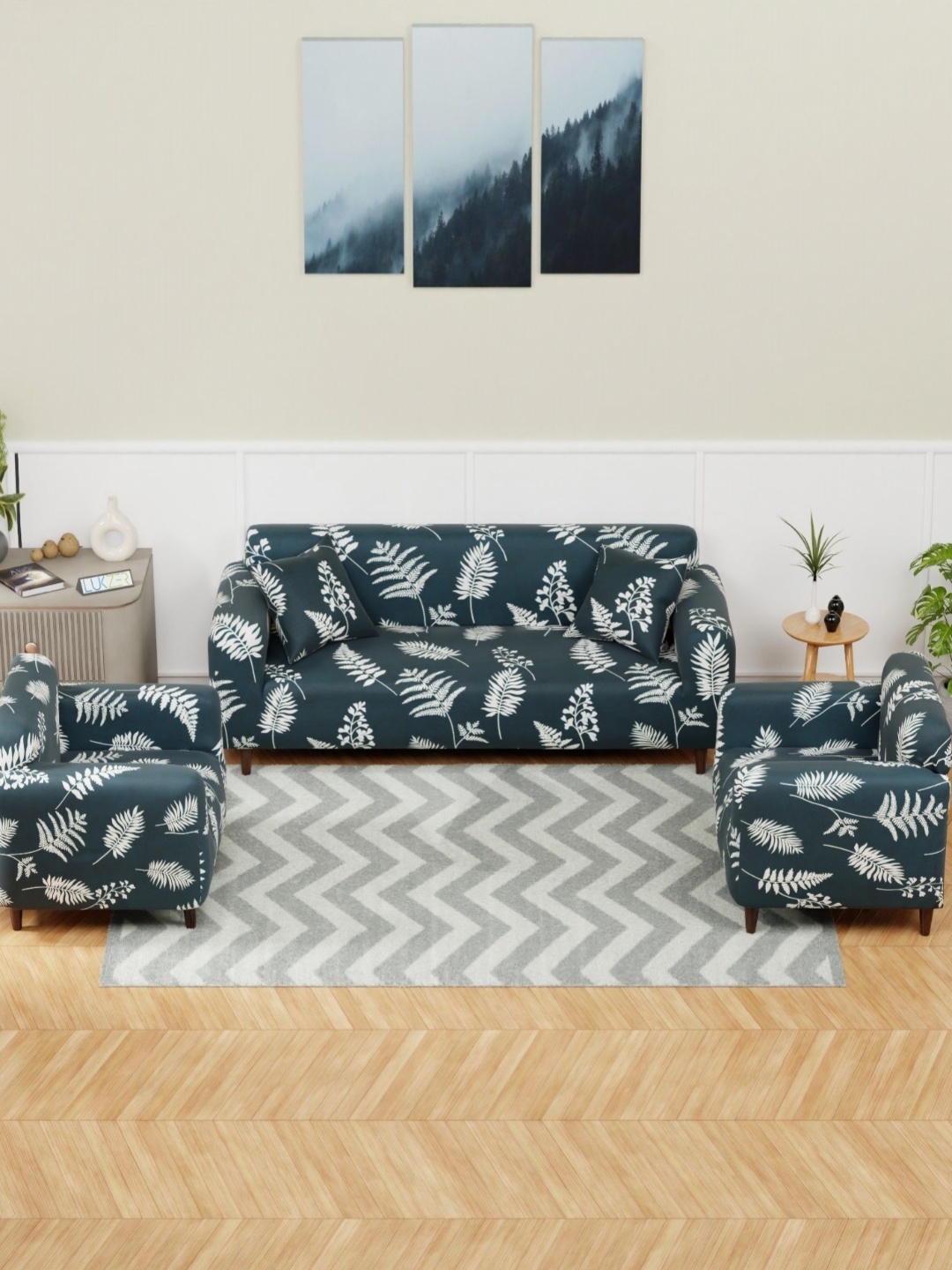 

Lukzer Leaf Stem Design 5 Seater Sofa Cover with 2 Cushion Cover, Green