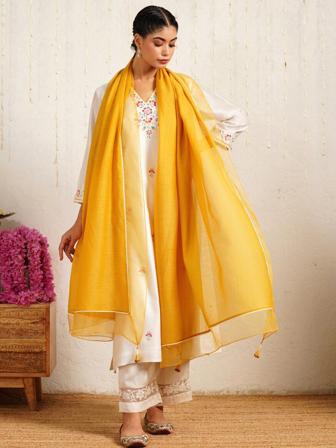 

JAYPORE Cotton Silk Dupatta, Mustard