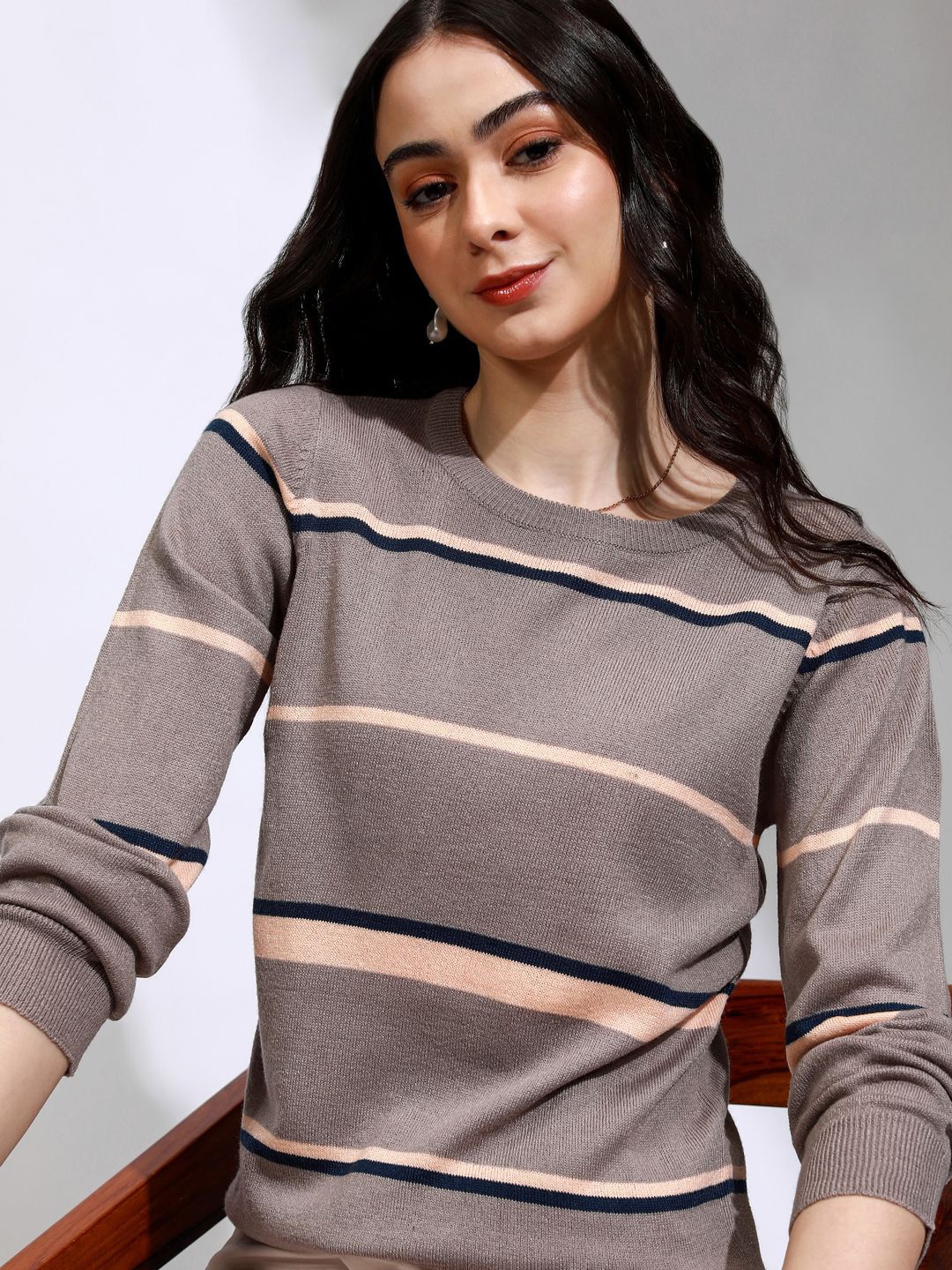 

Tokyo Talkies Women Striped Pullover Casual Sweaters, Grey