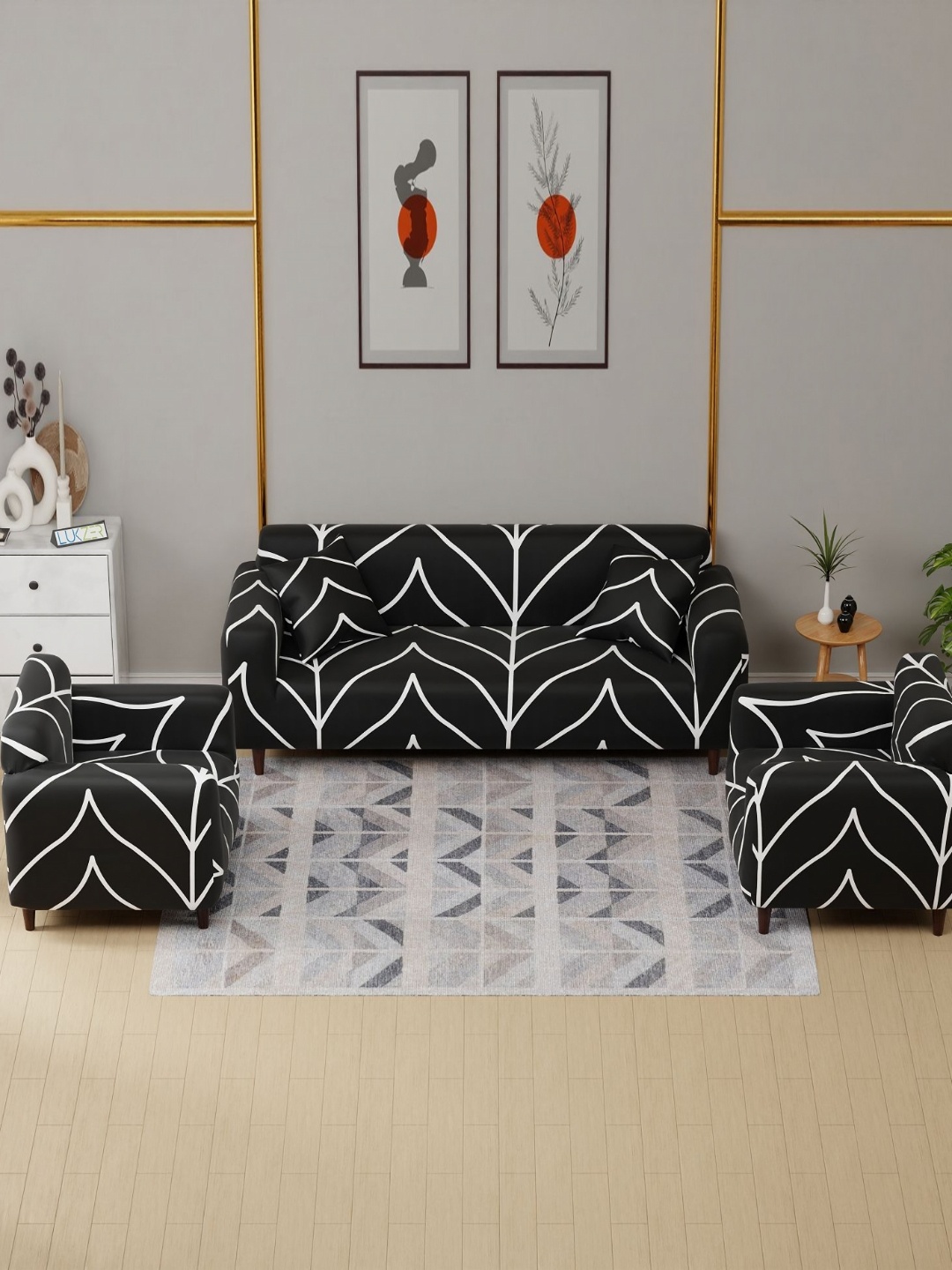 

Lukzer Black Stripe Patterns 5 Seater Sofa Cover with 2 Cushion Cover