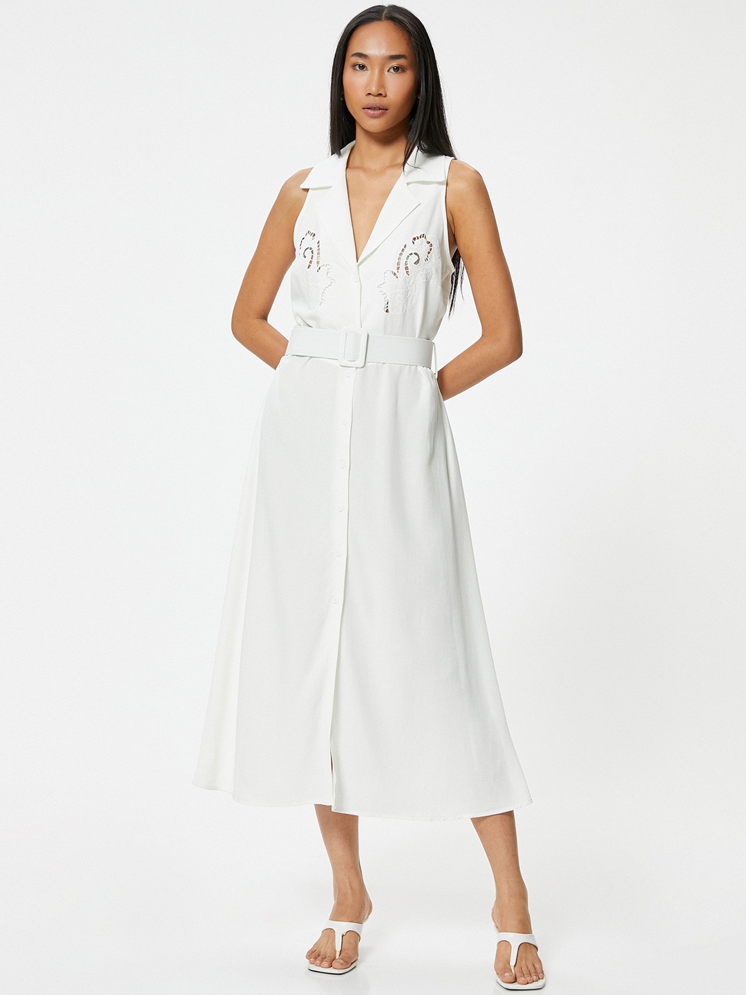 

Koton Women Shirt Collar Fit & Flare Midi Dress, Off white