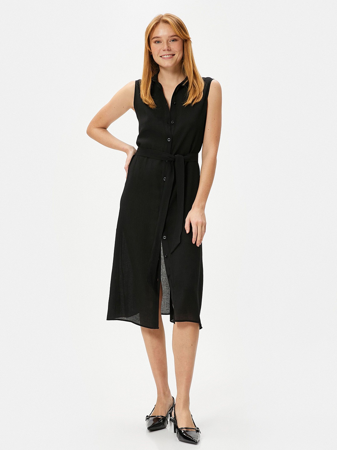 

Koton Women Solid Midi Shirt Dress, Black