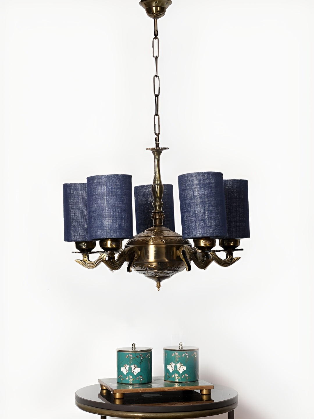 

Devansh Blue Jute Round shade with Antique Golden Chandelier Metal Ceiling Lamp