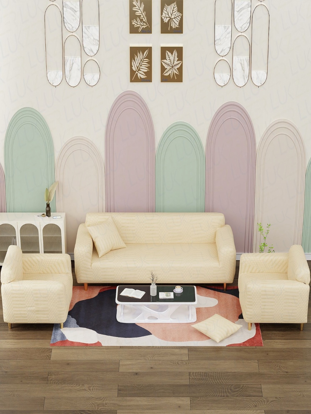 

Lukzer Pastel Yellow DottedStripePattern 5 Seater Sofa Cover with 2 Cushion Cover