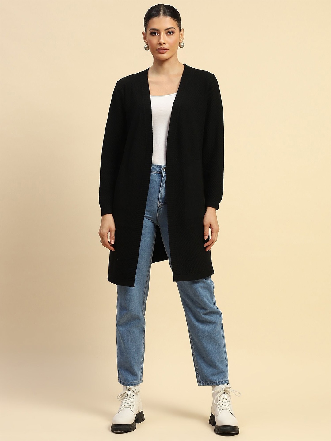 

Global Republic Self Design Open Front Longline Shrug, Black