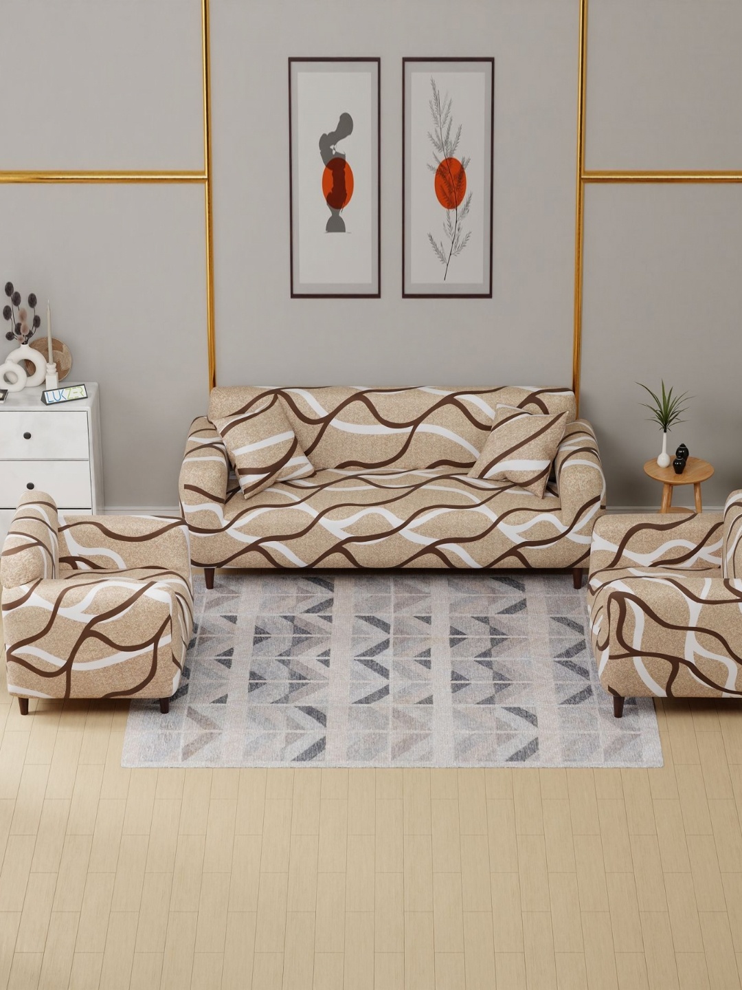 

Lukzer Beige Lining Design 5 Seater Sofa Cover