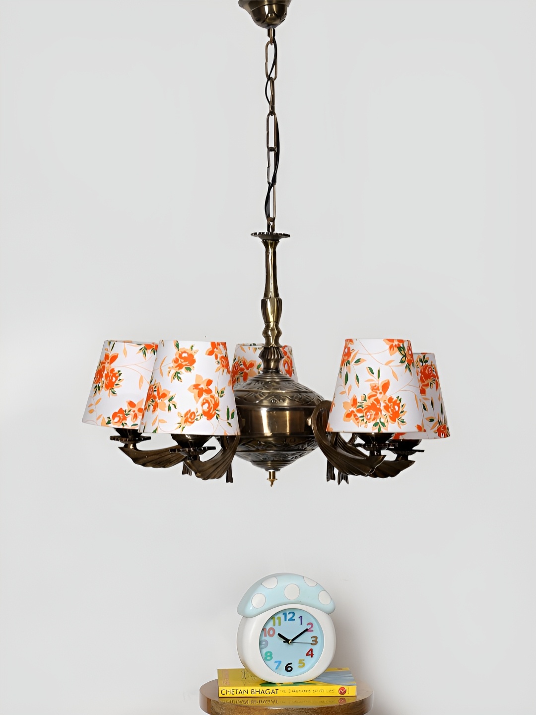 

Devansh White Printed Conical cotton shade with Antique Golden Chandelier Ceiling Lamp