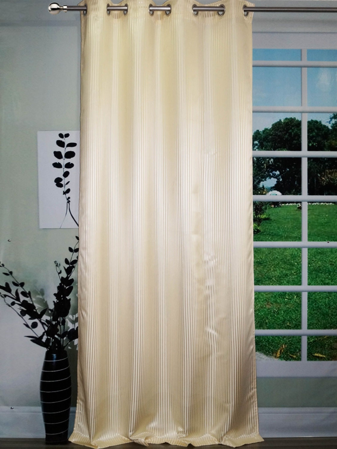 

Lushomes Beige & Grey Striped Satin Window Curtain