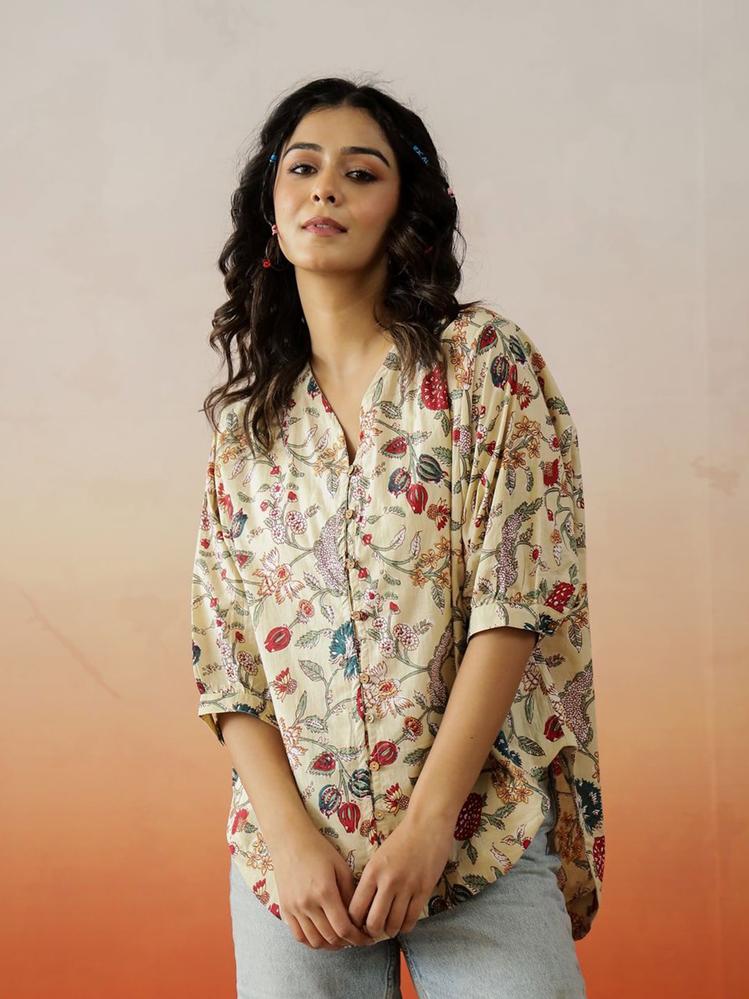 

SANSKRUTIHOMES Floral Extended Sleeves Cotton Top, Beige