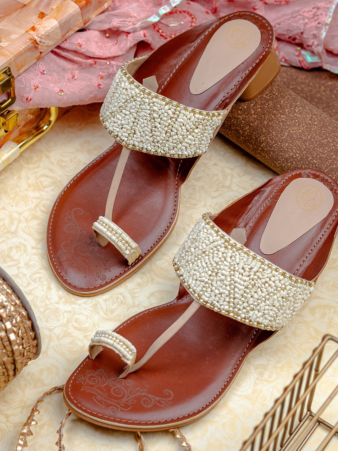 

NR By Nidhi Rathi Women Embellished Party Block Sandals, Tan