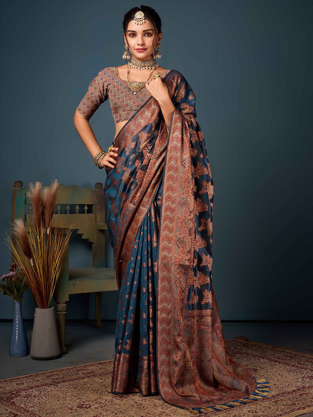 

KIMISHA Woven Design Zari Organza Kanjeevaram Saree, Blue