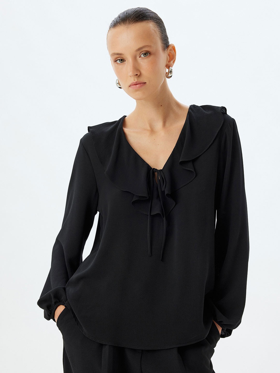 

Koton Women Solid Tie-Up Neck Top, Black