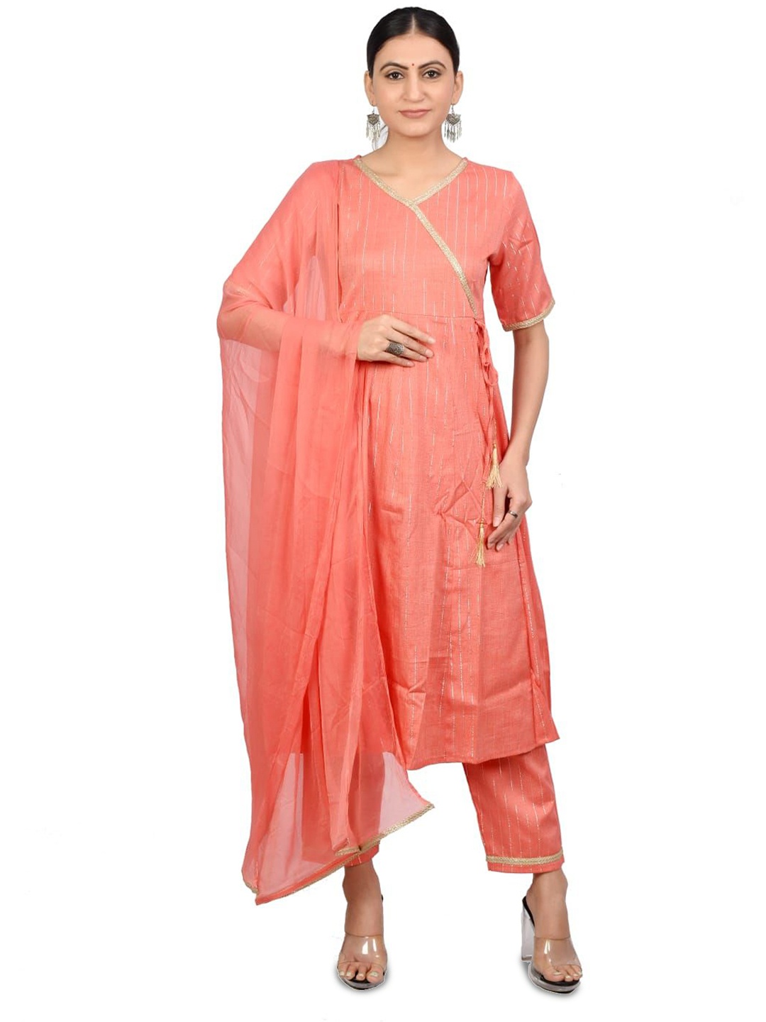 

MIRAYYA Women Striped Cotton Angrakha Kurta With Trousers & Dupatta, Orange
