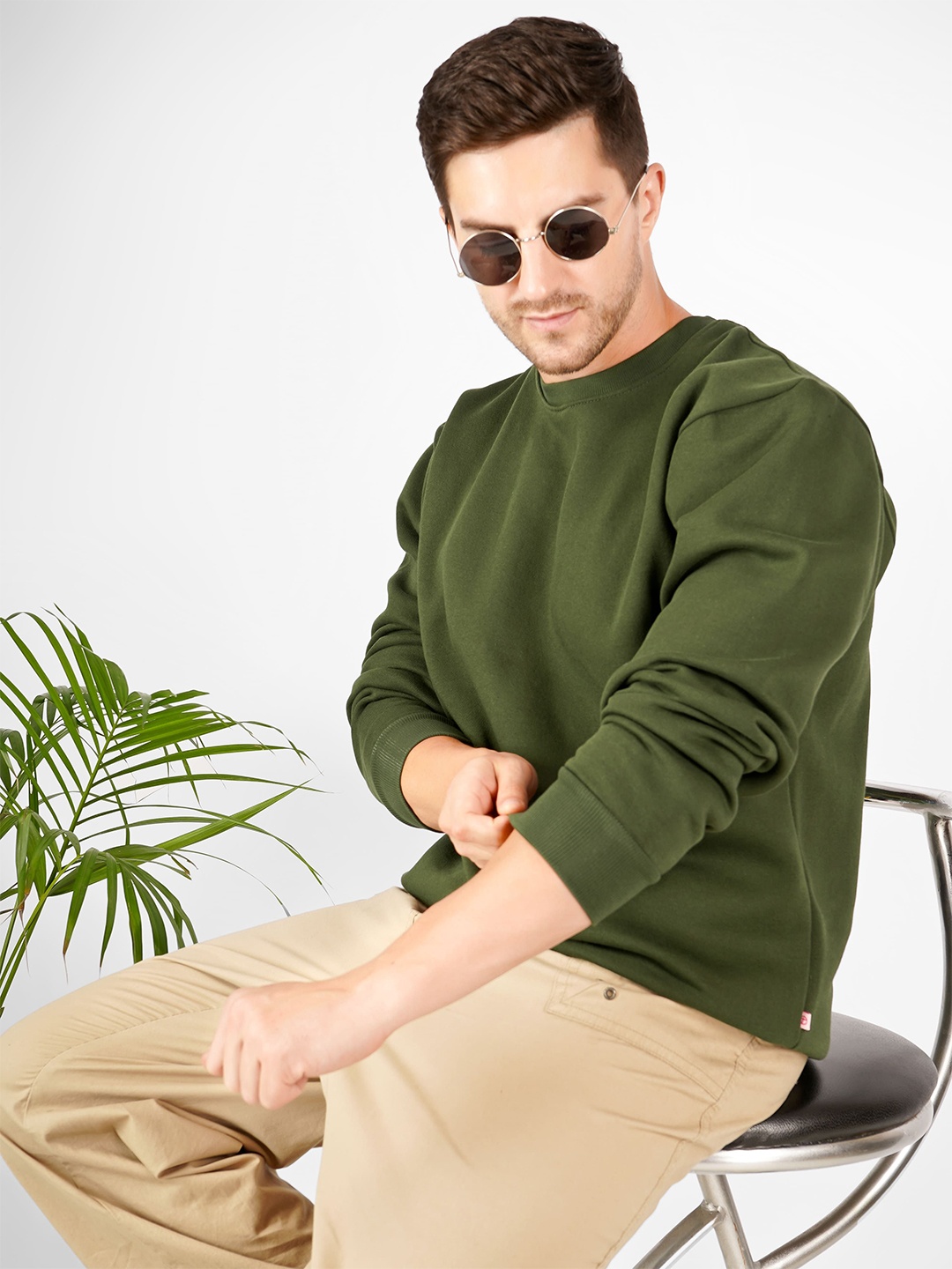 

MIMID Men Solid Round Neck Cotton Pullover Ribbed Sweatshirt, Olive