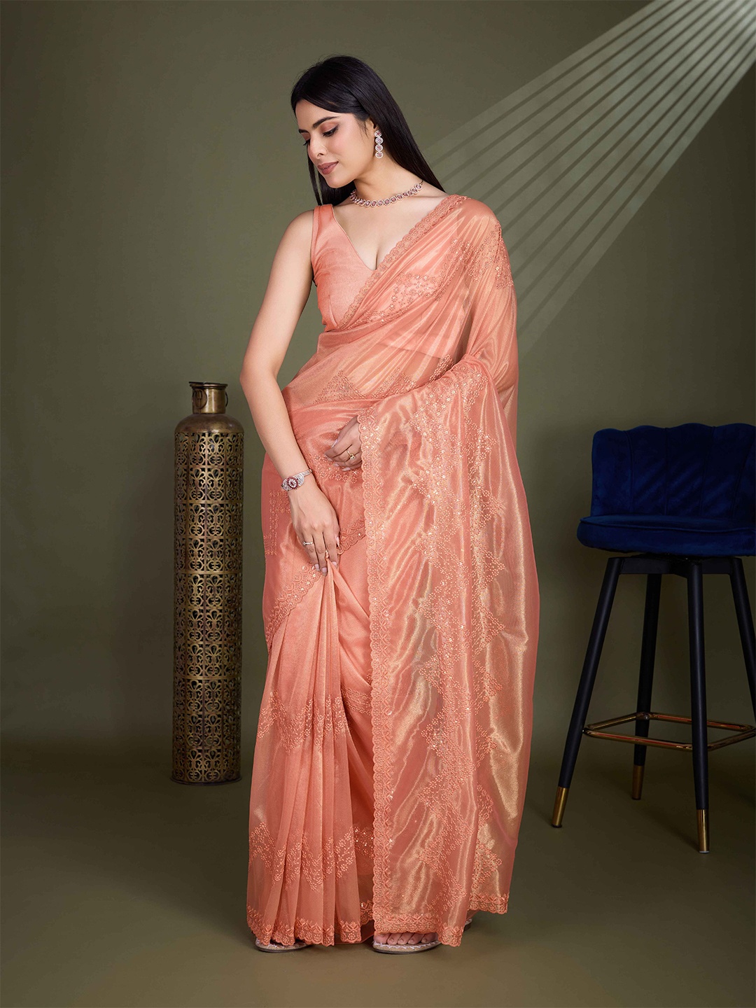 

KIMISHA Floral Embroidered Net Designer Saree, Peach