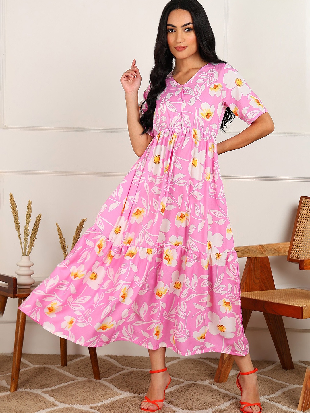 

Fashfun Floral Print Crepe Fit & Flare Maxi Dress, Pink