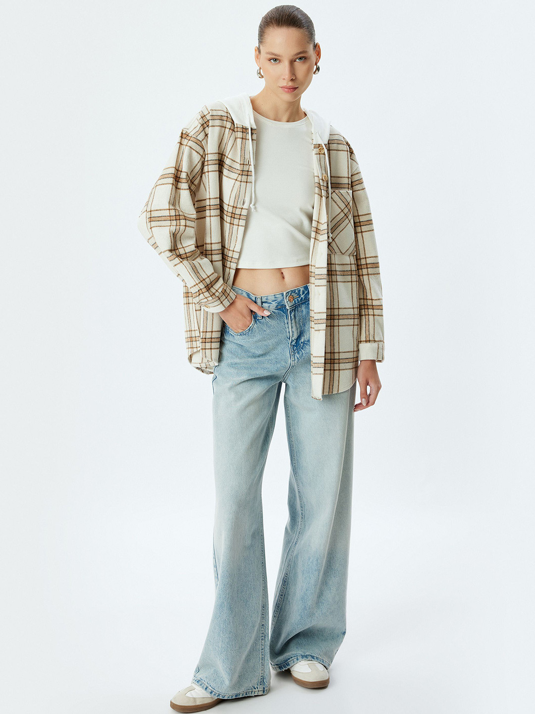 

Koton Women Hood Tartan Checked Acrylic Oversized Casual Shirt, Beige