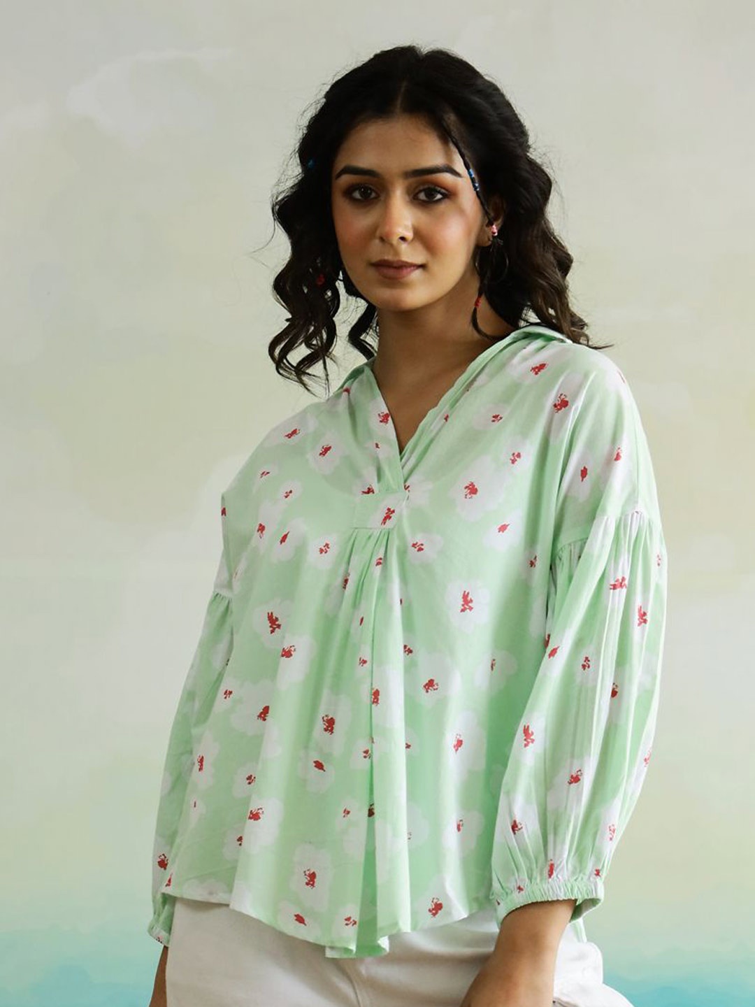 

SANSKRUTIHOMES Floral Print Cotton Top, Green