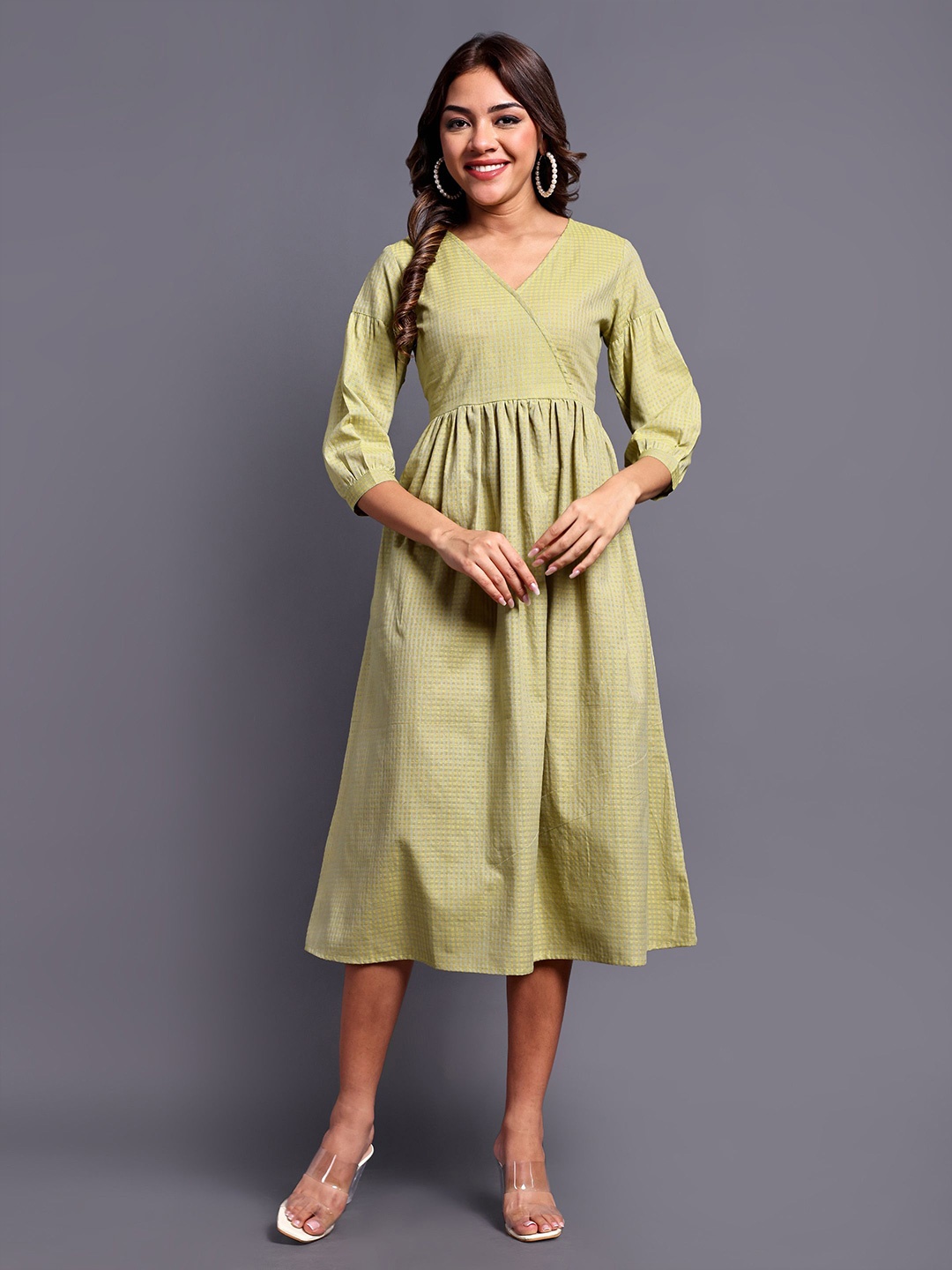 

Vastara the Label Checked V-Neck Puff Sleeve Cotton Empire Midi Dress, Lime green