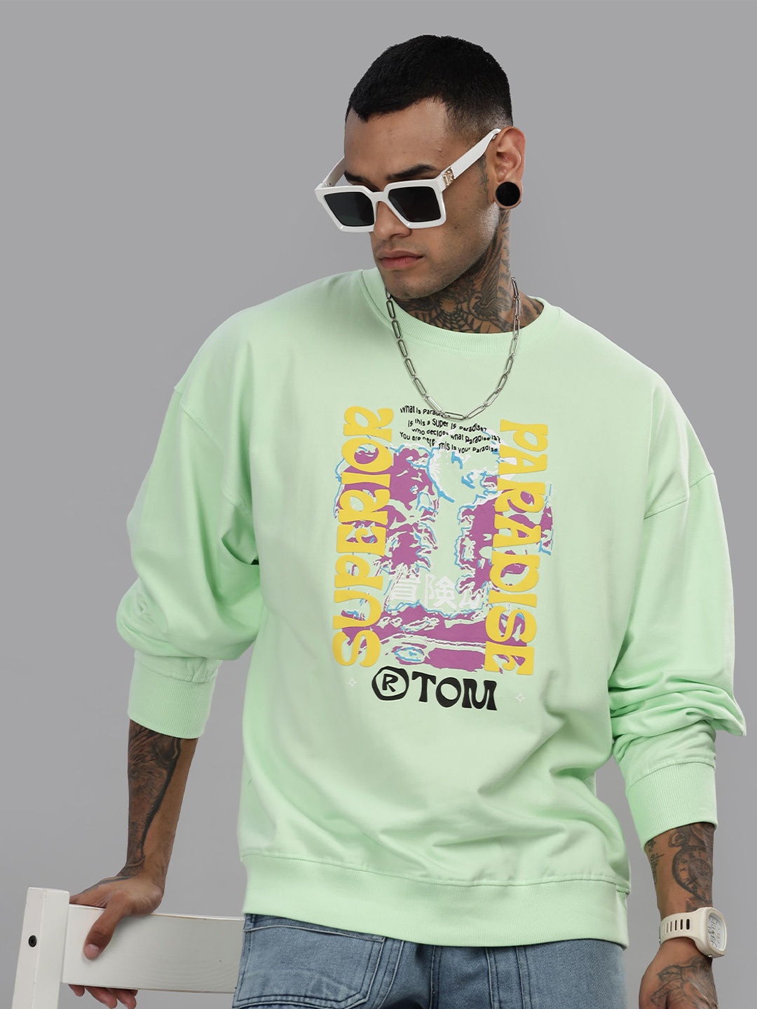 

TOMHIDDLE Men Graphic Printed Round Neck Cotton Pullover Ribbed Sweatshirt, Green
