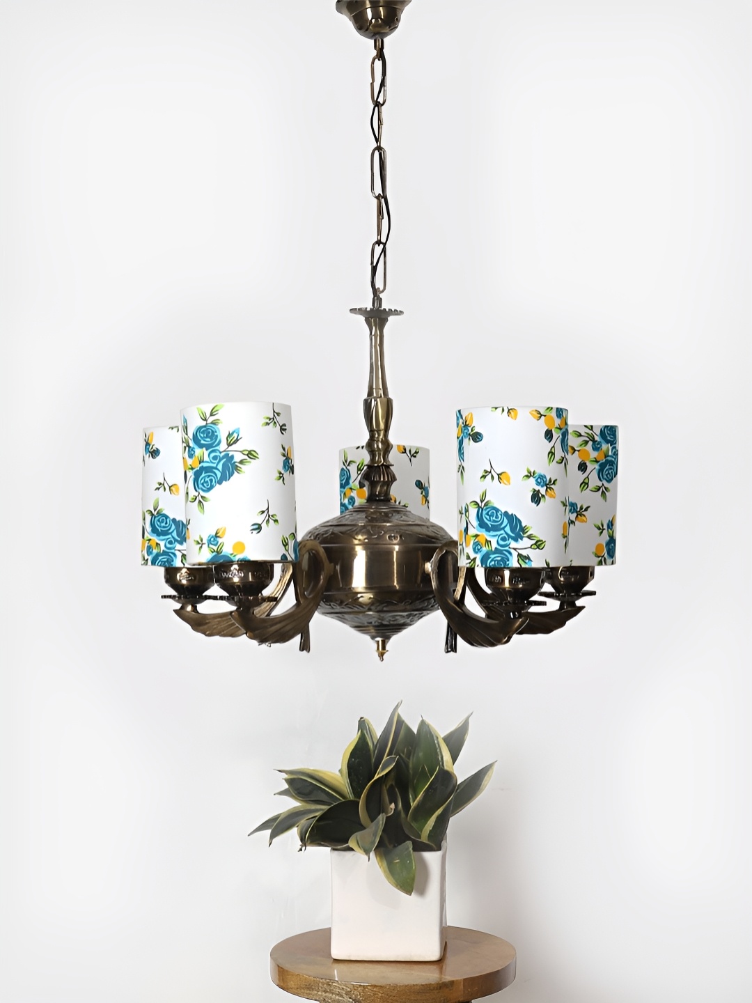 

Devansh White Printed Round cotton shade with Antique Golden Chandelier Metal Ceiling Lamp