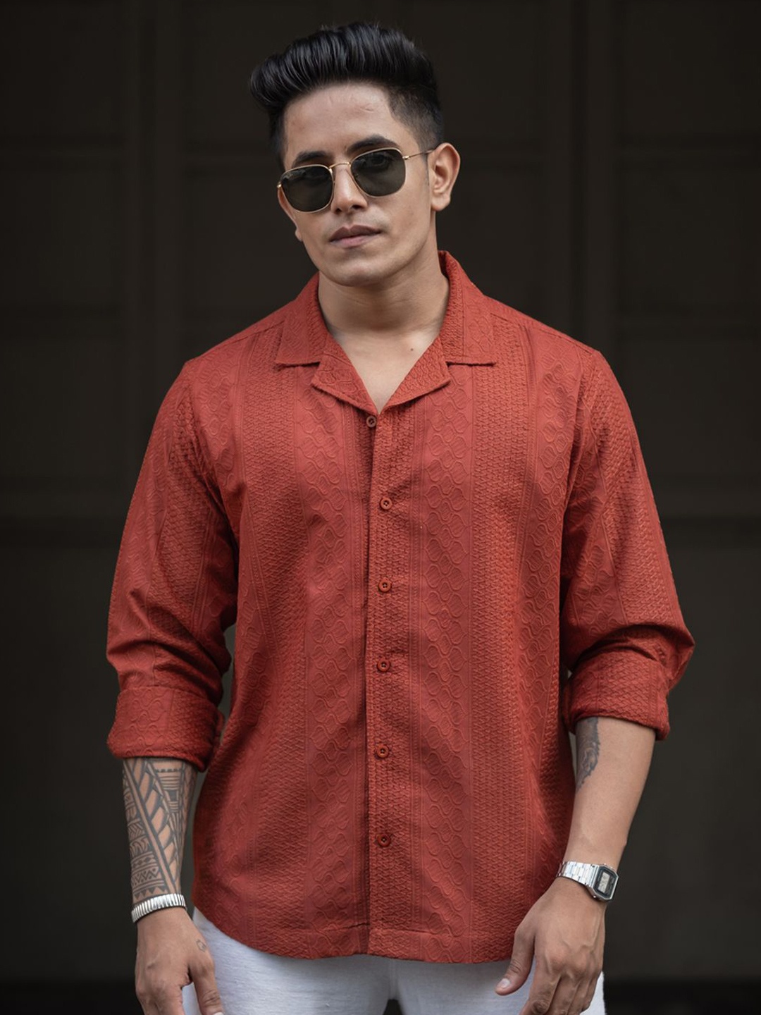 

Powerlook Men Cuban Collar Self Design Casual Shirt, Orange