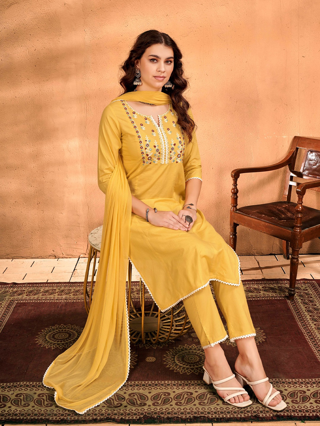 

Anouk Floral Yoke Design Thread Work Pure Cotton Straight Kurta With Trousers & Dupatta, Yellow