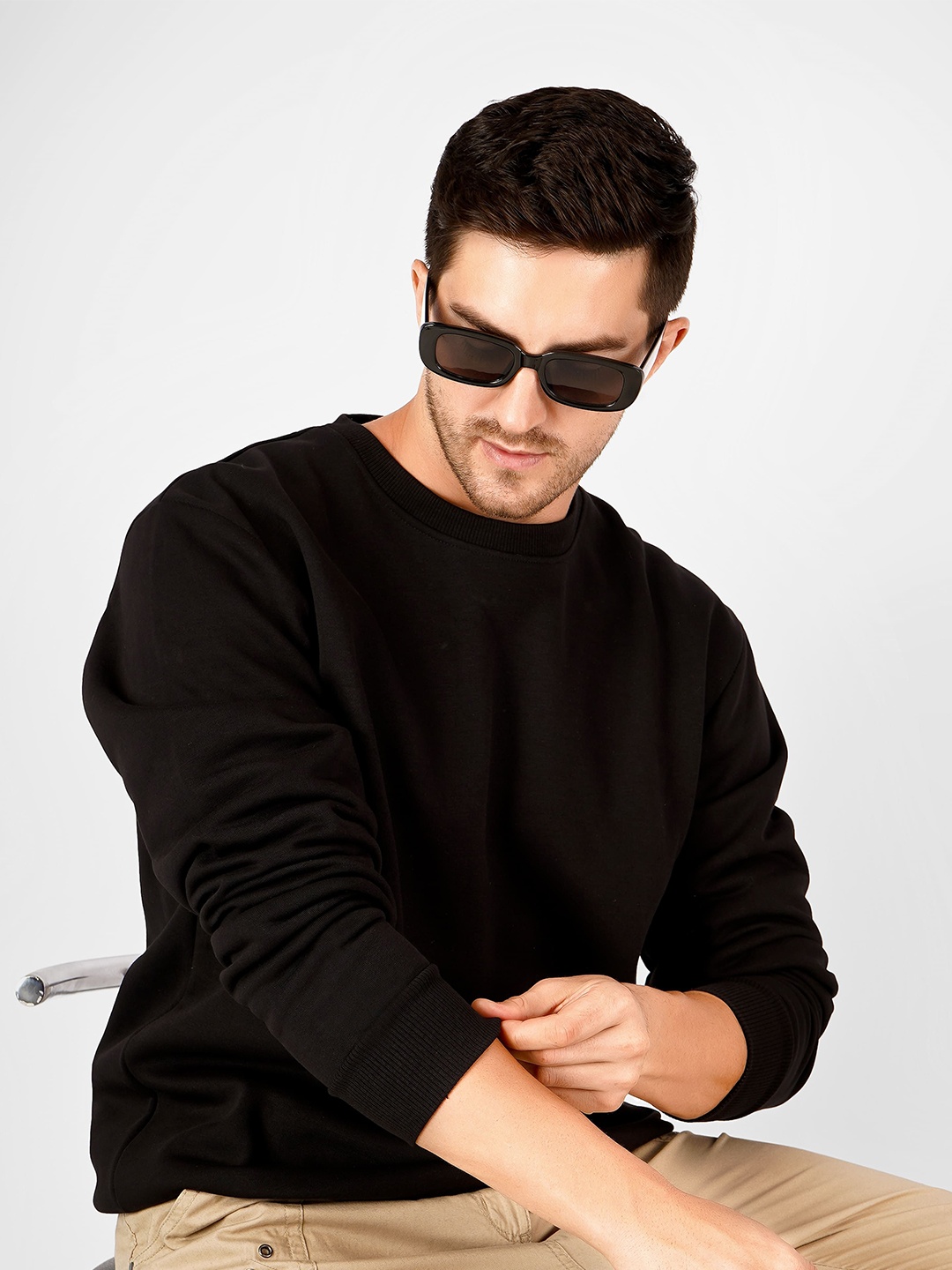 

MIMID Men Solid Round Neck Cotton Pullover Ribbed Sweatshirt, Black