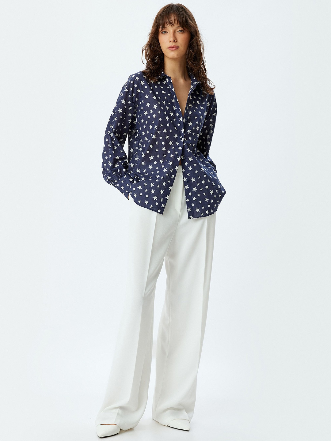 

Koton Women Spread Collar Geometric Printed Cotton Oversized Casual Shirt, Navy blue