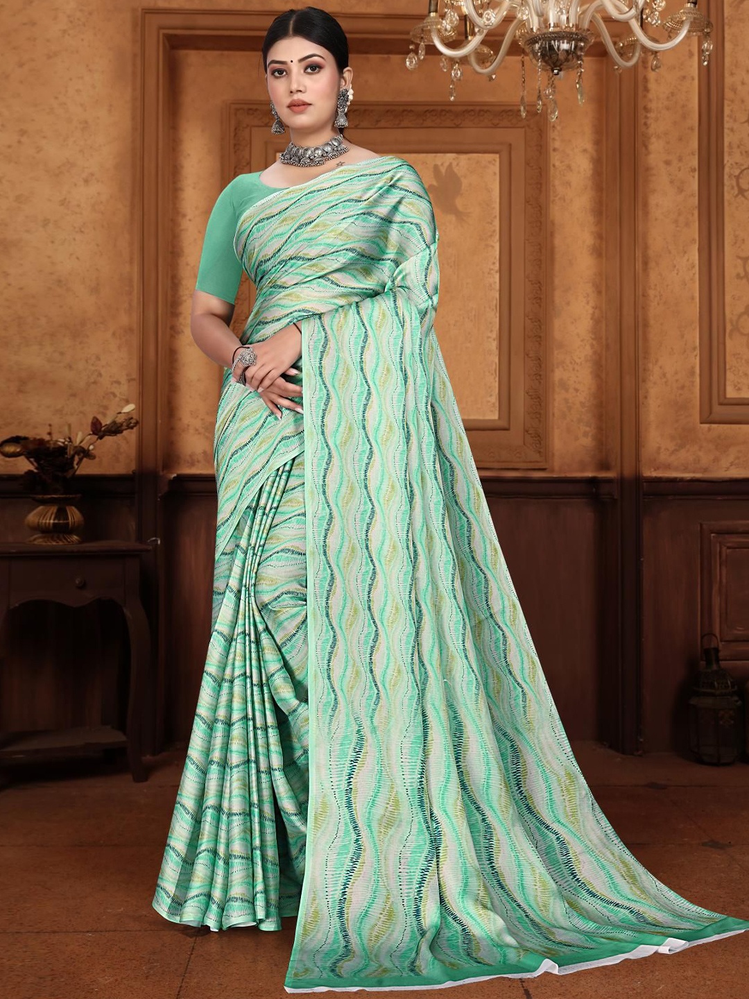 

Mitera Women Striped Satin Solid Saree, Sea green