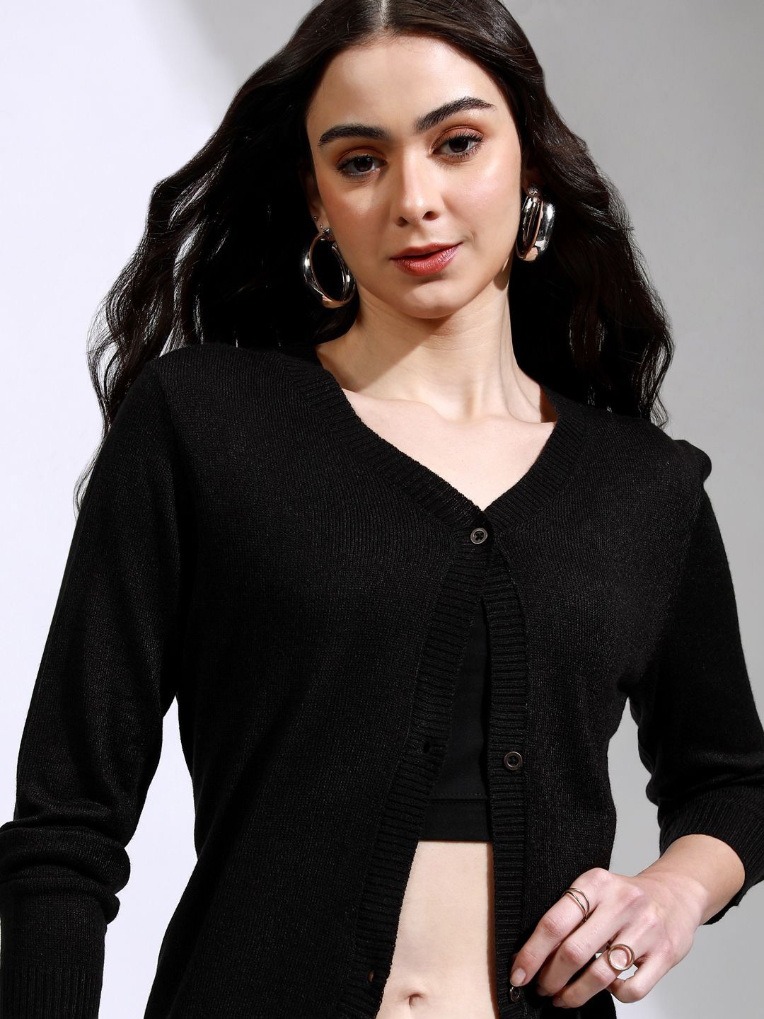 

Tokyo Talkies Women Ribbed V-Neck Cardigan Sweaters, Black