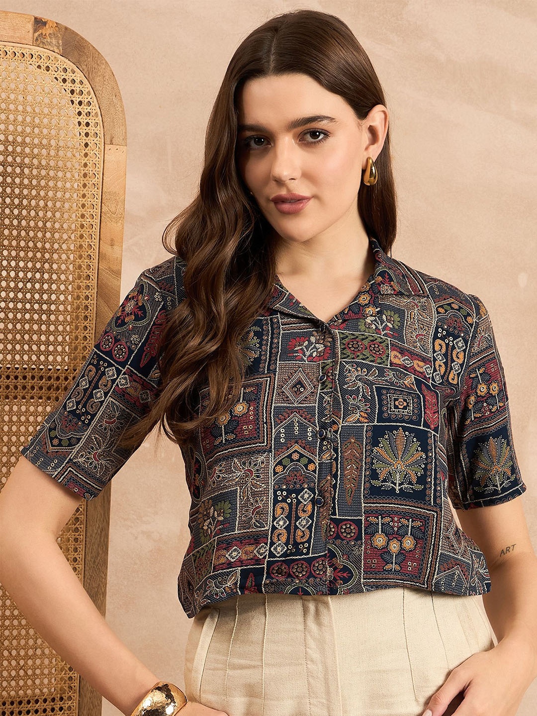 

all about you Women Cuban Collar Ethnic Motifs Printed Casual Shirt, Navy blue