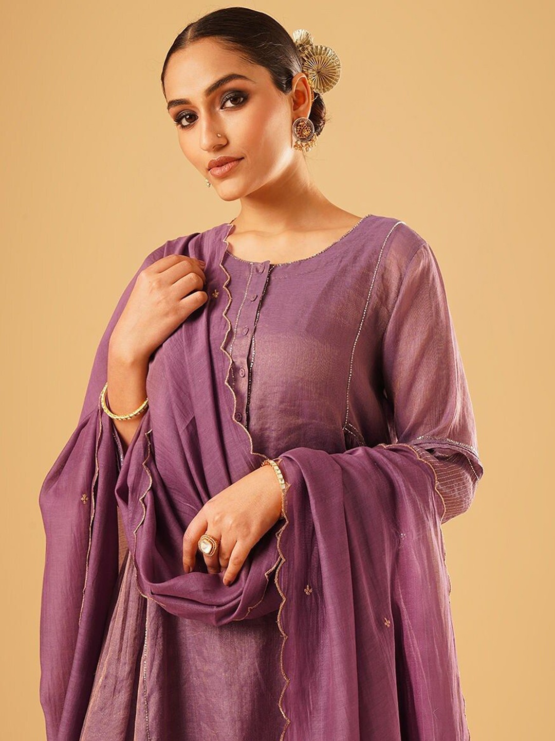 

JAYPORE Floral Embroidered Thread Work Cotton Silk Dupatta, Purple