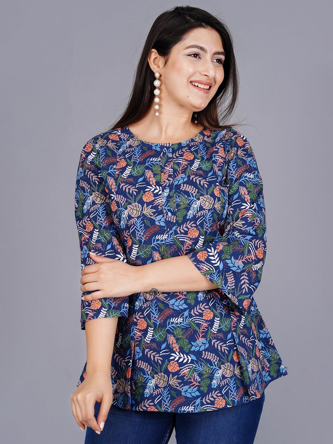 

Cloth Bites Women Floral Printed Flared Sleeve Cotton Lace Styled Back Top, Blue