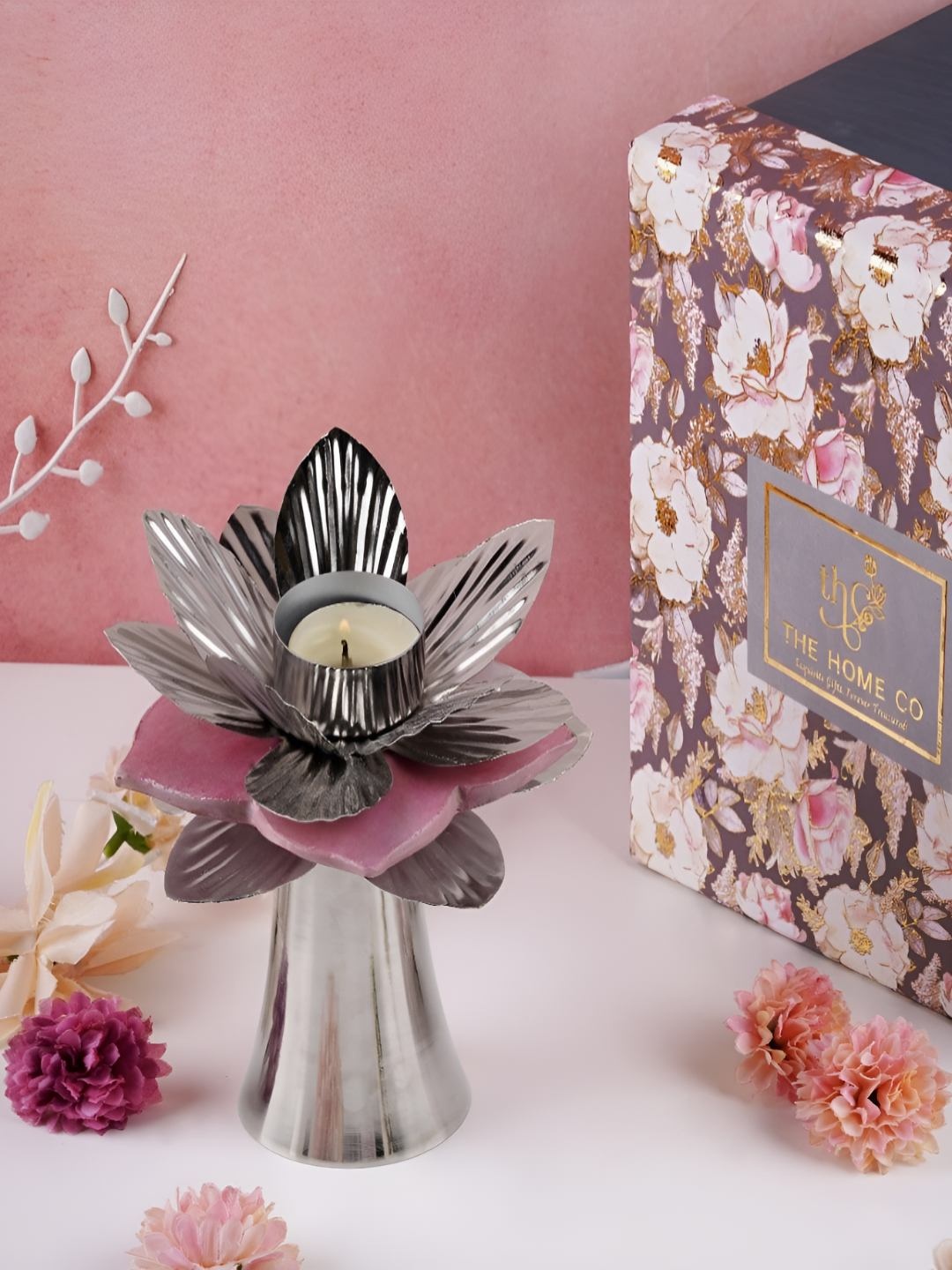 

THE HOME CO. Pink & Silver-Toned Tealight Resin Tall Candle Holder