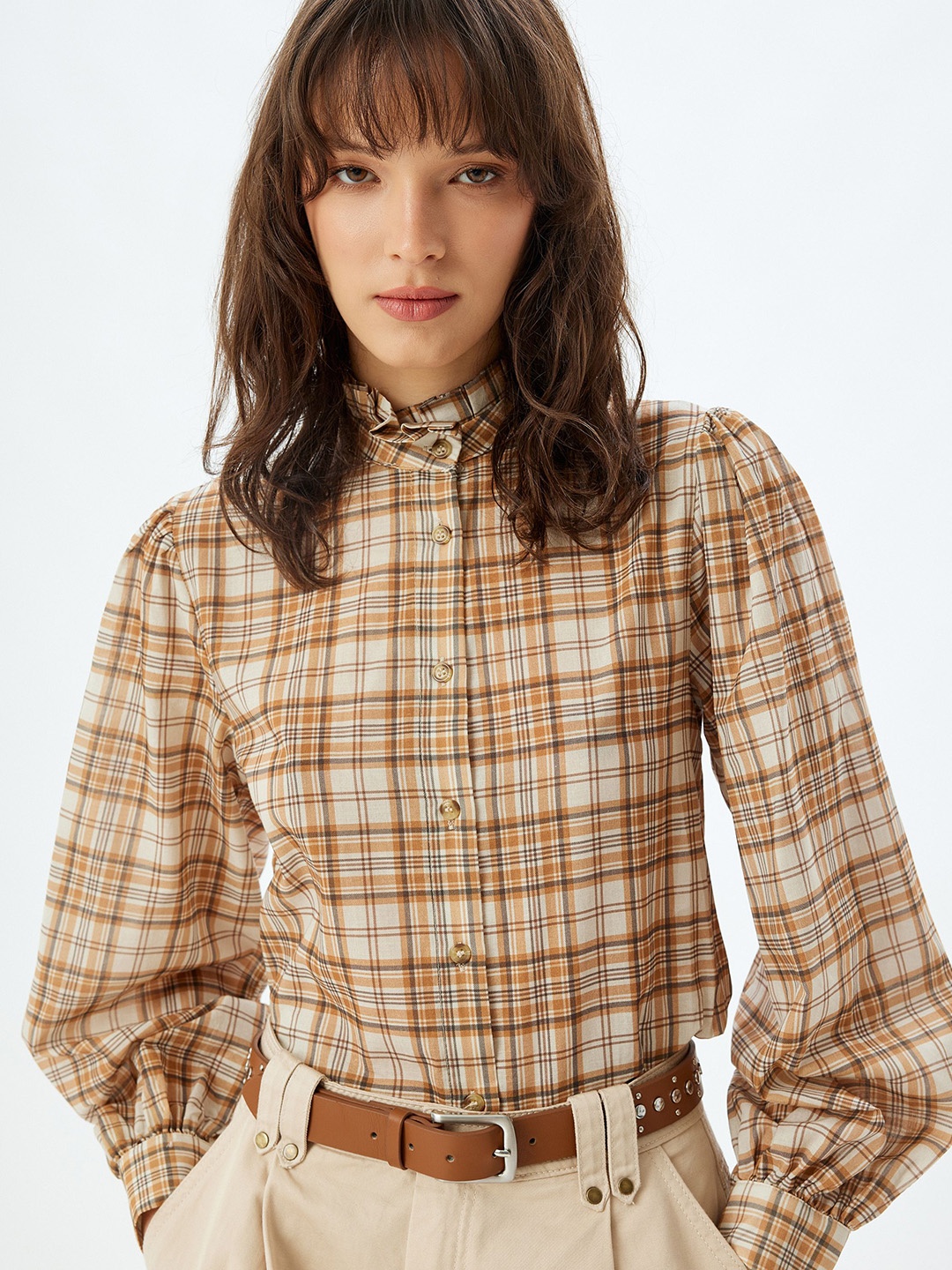 

Koton Women Band Collar Tartan Checked Cotton Casual Shirt, Mustard