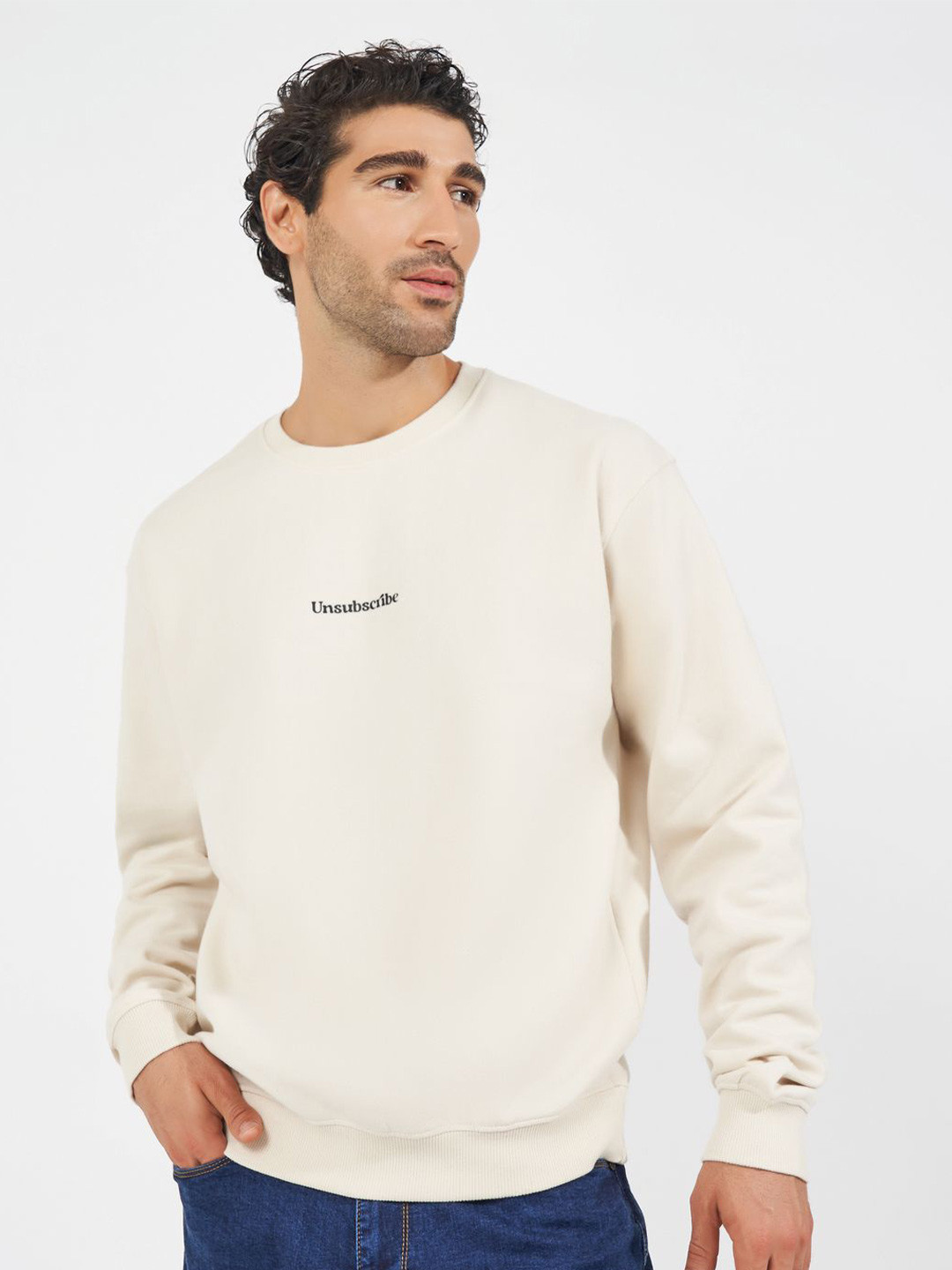 

Styli Men Typography Printed Round Neck Cotton Pullover Ribbed Sweatshirt, Cream