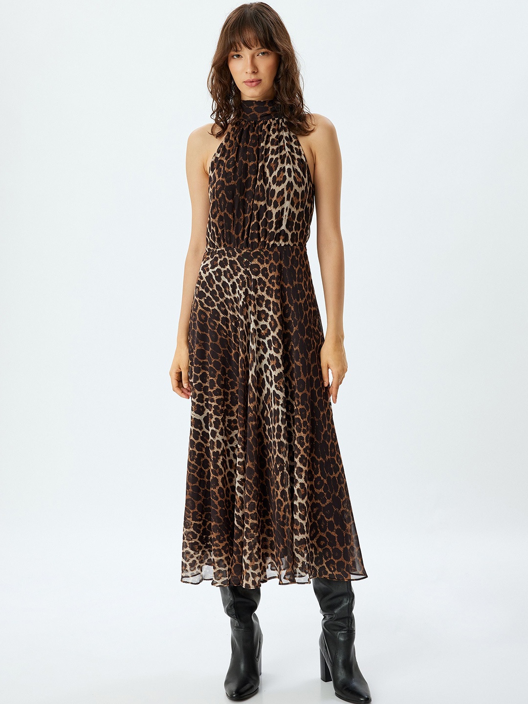 

Koton Animal Printed Halter Neck Fit & Flare Midi Dress, Beige