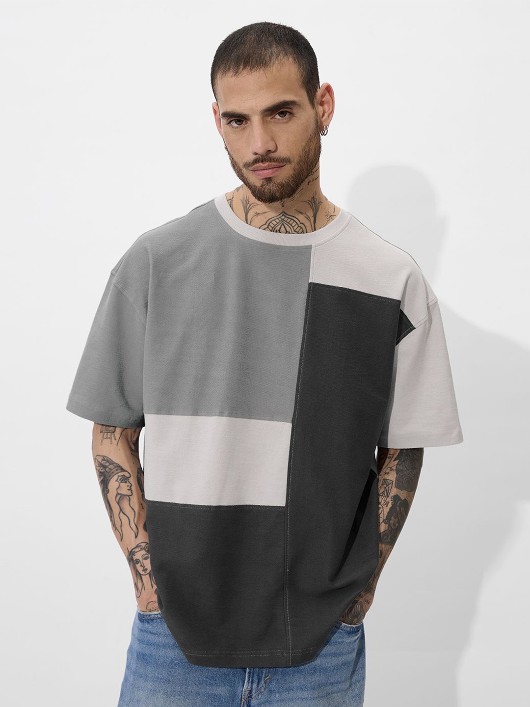 

The Souled Store Men Colourblocked Round Neck Cotton Oversized T-shirt, Grey