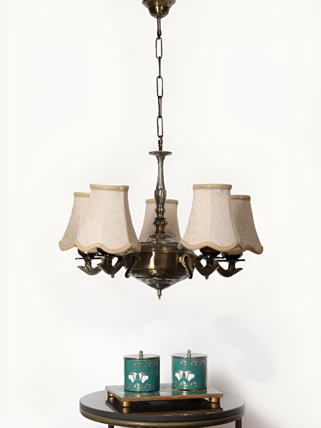 

Devansh Beige Textured Vintage shade with Antique Golden Chandelier Metal Ceiling Lamp