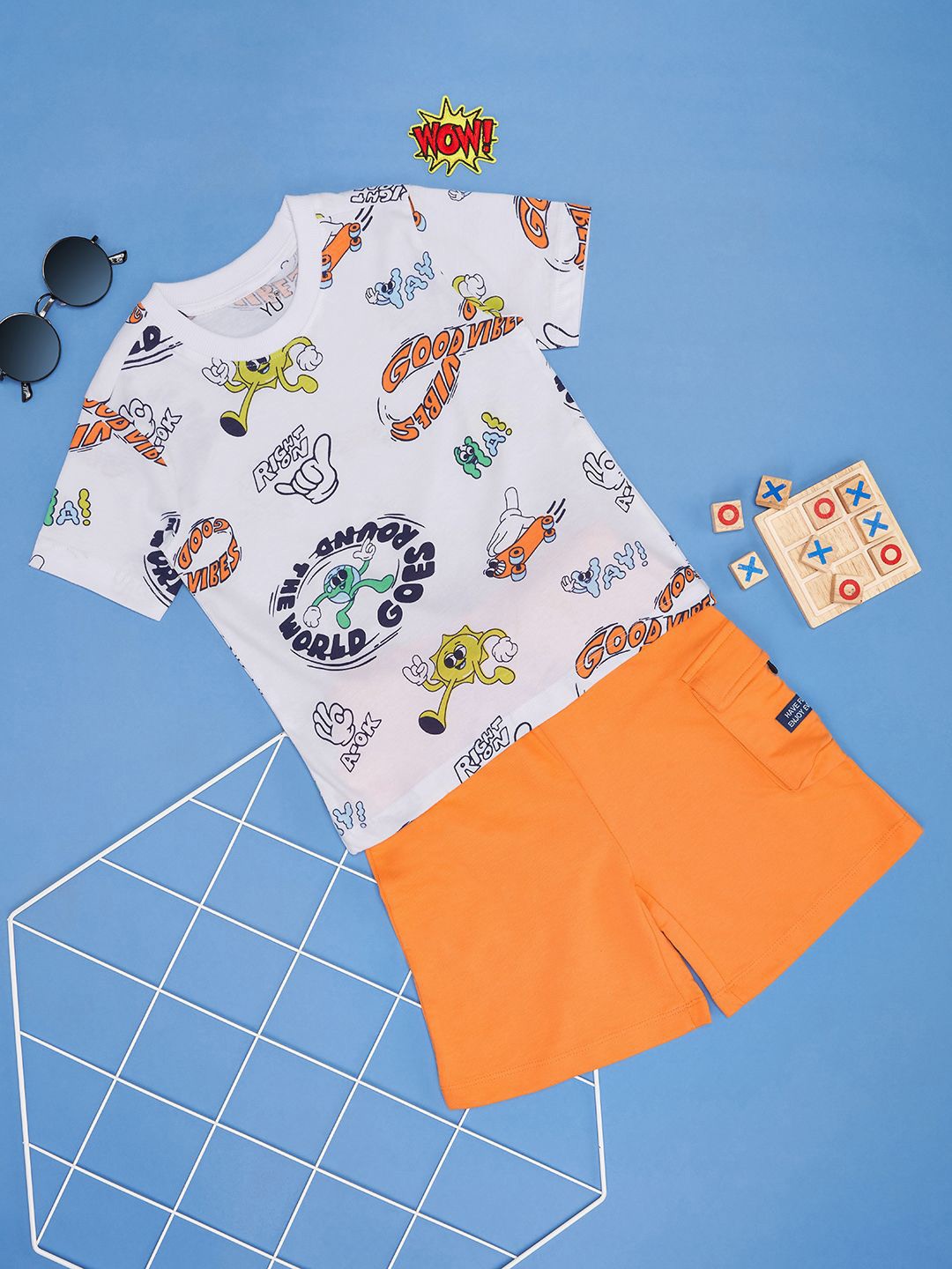 

YU by Pantaloons Boys Printed Round Neck Short Sleeves Pure Cotton T-shirt With Shorts, Orange