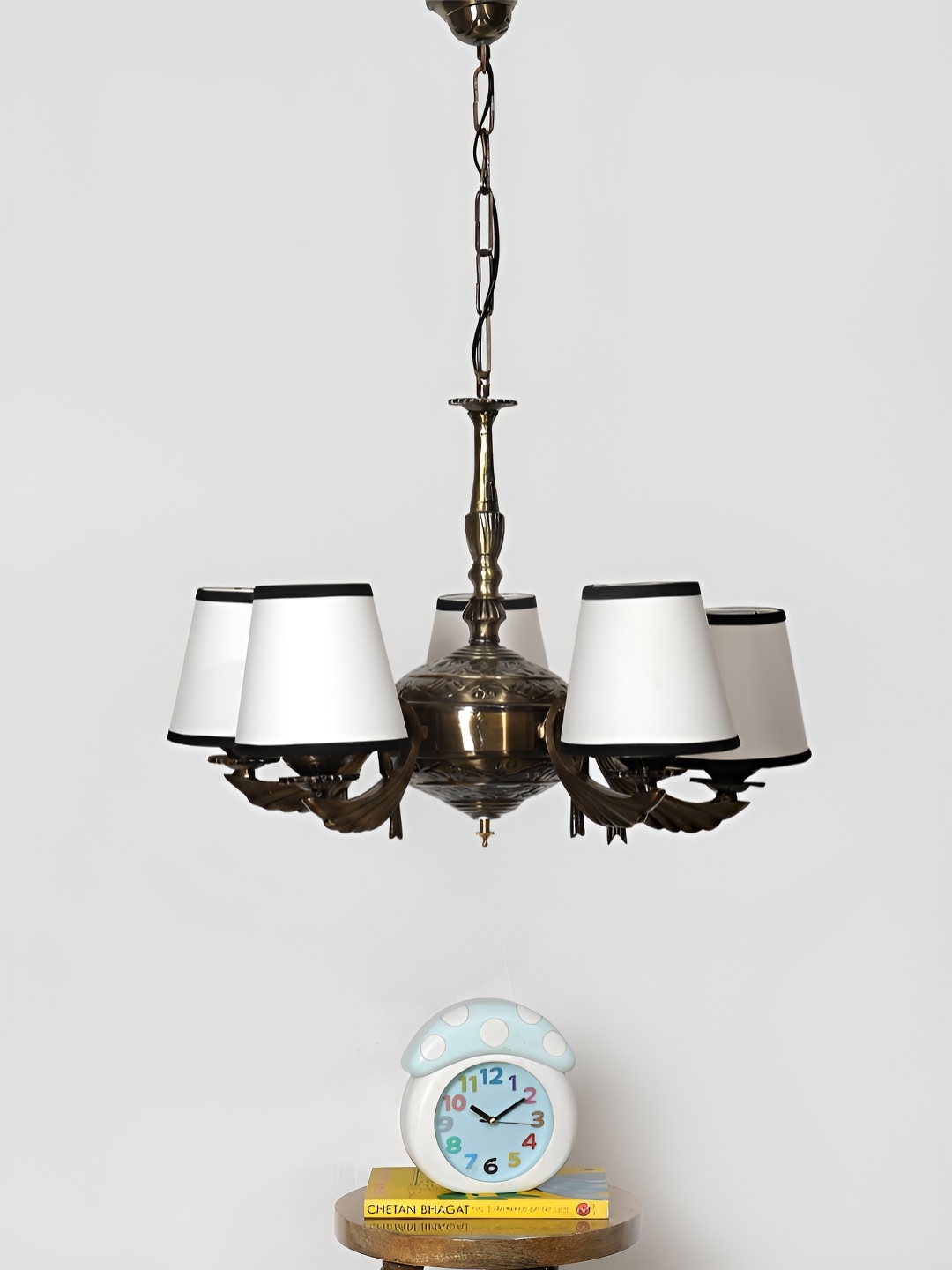 

Devansh White Conical cotton shade with Antique Golden Chandelier Metal Ceiling Lamp